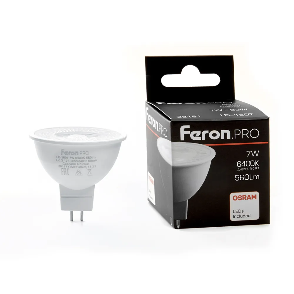 Лампа светодиодная LB-1607 7Вт MR16 6400К G5.3 230В с линзой 38град. FERON 38181
