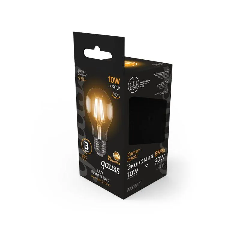 Лампа светодиодная филаментная Black Filament 10Вт A60 грушевидная 2700К тепл. бел. E27 930лм GAUSS 