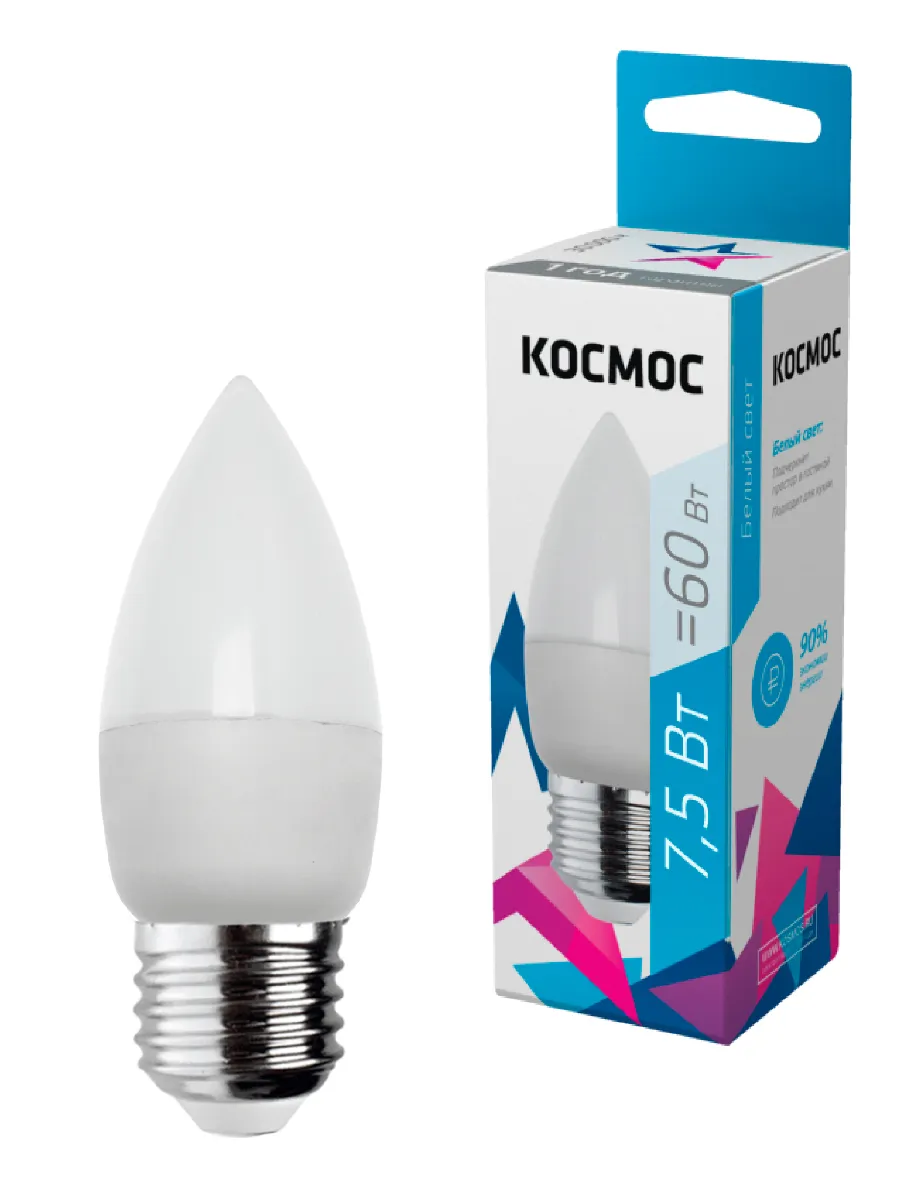 Лампа светодиодная 7.5Вт свеча 4500К бел. E27 220В КОСМОС LkecLED7.5wCNE2745