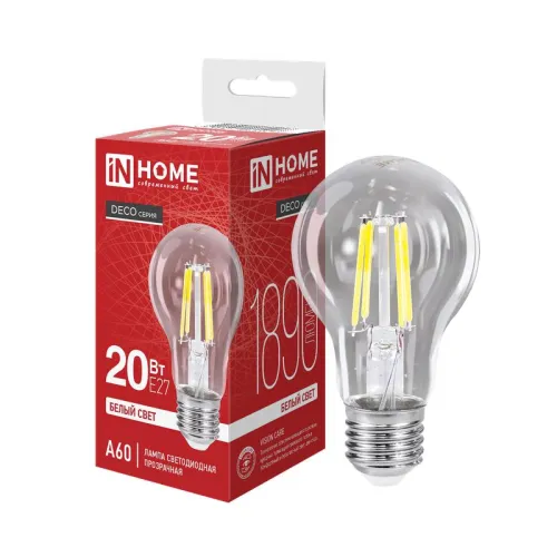 Лампа светодиодная филаментная LED-A60-deco грушевидная прозрачная 20Вт 230В E27 4000К 1890лм IN HOM