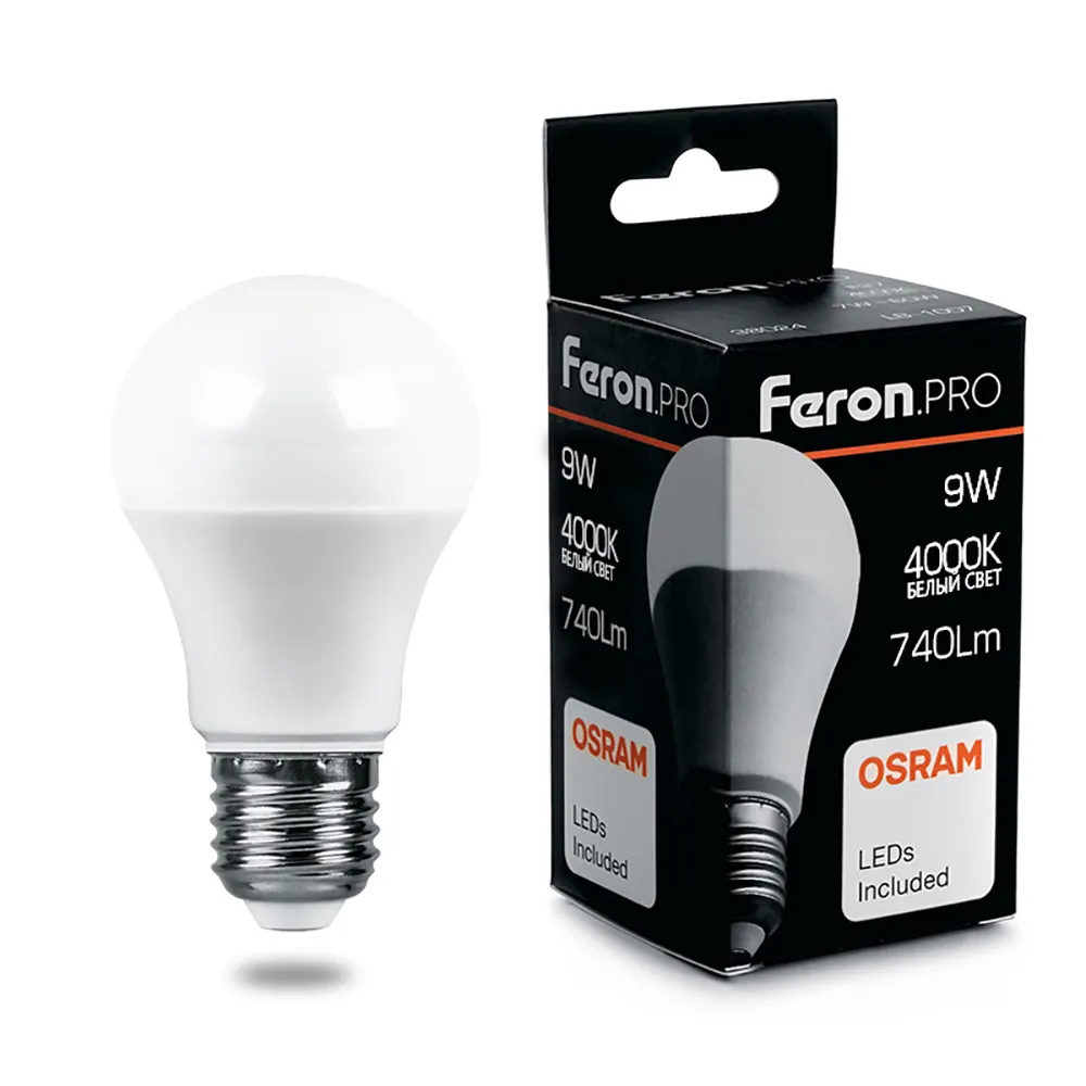 Лампа светодиодная LB-1009 9Вт A60 грушевидная 4000К E27 230В FERON 38027