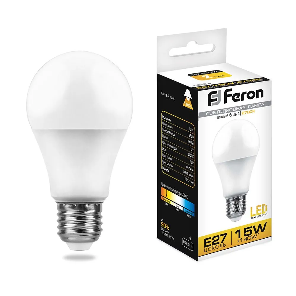 Лампа светодиодная LB-94 15Вт A60 грушевидная 2700К E27 230В FERON 25628