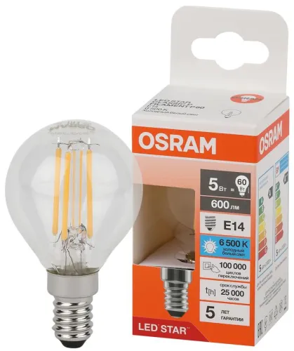 Лампа светодиодная, филаментная 5 Вт E14 6500 K 600 Lm 300 град. LED Star OSRAM 4058075688223