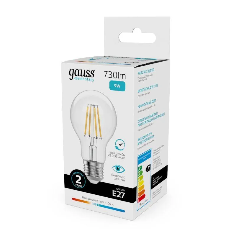 Лампа светодиодная филаментная Filament Elementary А60 9Вт 4100К Е27 730лм GAUSS 22229