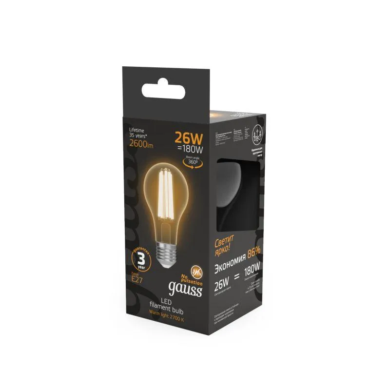 Лампа светодиодная филаментная Black Filament 26Вт A70 грушевидная 2700К тепл. бел. E27 2600лм GAUSS