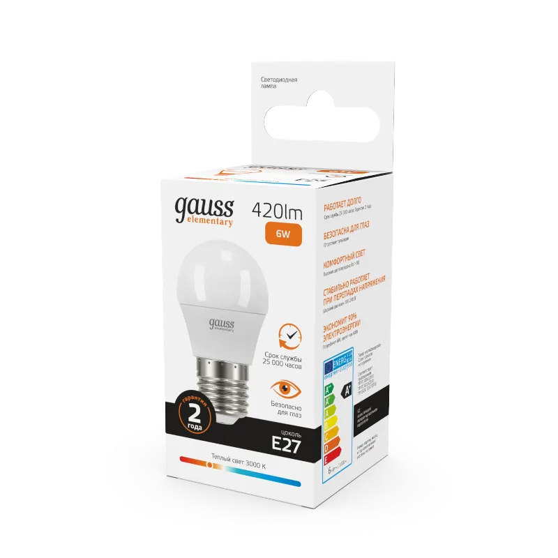 Лампа светодиодная LED 6Вт E27 220В 2700К Elementary шар | 53216 | Gauss