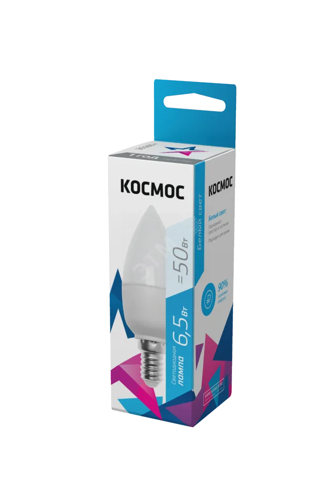 Лампа светодиодная 6.5Вт свеча 4500К бел. E14 220В КОСМОС LkecLED6.5wCNE1445