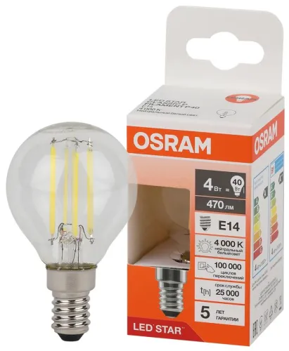 Лампа светодиодная филаментная LS CLP40 4W/840 230VFILCL 4Вт 4000К нейтр. бел. E14 470лм P угол пучк