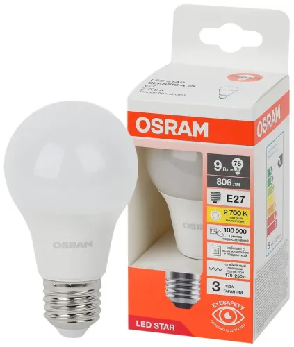 Лампа светодиодная LED Star 9Вт 2700К тепл. бел. E27 806лм A угол пучка 180град. 170-250В (замена 75