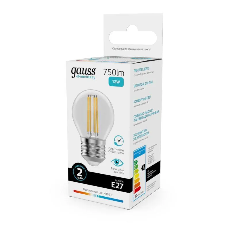 Лампа светодиодная филаментная Filament Elementary 12Вт шар 4100К Е27 750лм GAUSS 52222