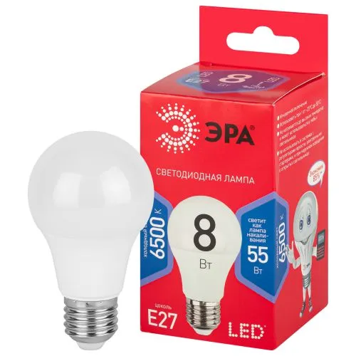 Лампа светодиодная ЭКО LED A60-8W-865-E27 R (диод, груша, 8Вт, хол, E27) | Б0045323 | ЭРА