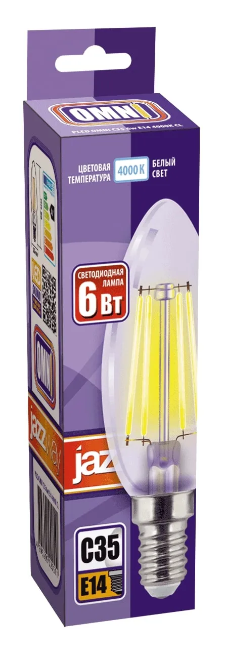Лампа светодиодная филаментная PLED OMNI 6Вт C35 4000К нейтр. бел. E14 230В/50Гц CL JazzWay 5020511