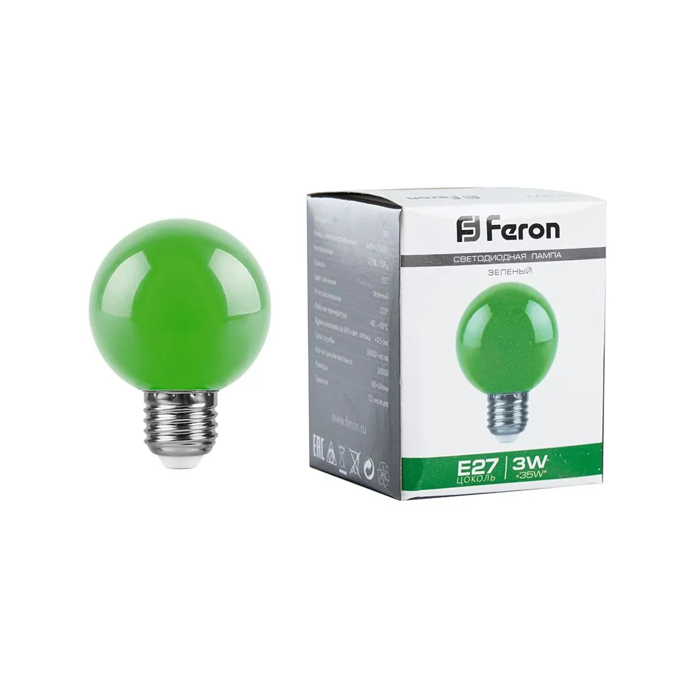 Лампа светодиодная LB-371 3Вт G60 шар матовая E27 230В зел. FERON 25907
