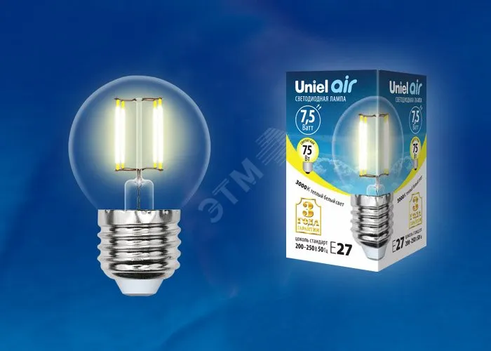 Лампа светодиодная LED-G45-7.5Вт/WW/E27/CL GLA01TR прозр. Uniel UL-00003252
