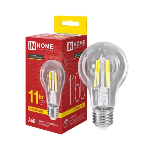 Лампа светодиодная LED-A60-deco 11Вт грушевидная прозрачная 3000К тепл. бел. E27 1160лм 230В IN HOME