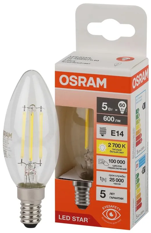 Лампа светодиодная филаментная LSCLB60 5W/827 230VFILCL 5Вт 2700К тепл. бел. E14 600лм B угол пучка 