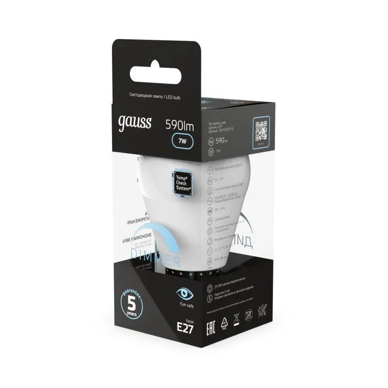 Лампа светодиодная 7 Вт E27 4100 K 590 Lm 240 град. Gauss 105102207-D