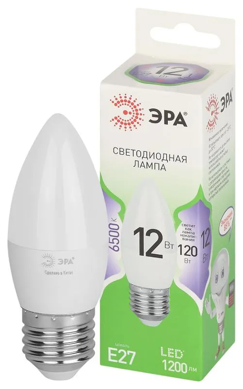 Лампа светодиодная GREEN LINE B35-12W-865-E27 GL E27 12Вт свеча свет холод. Эра Б0067127