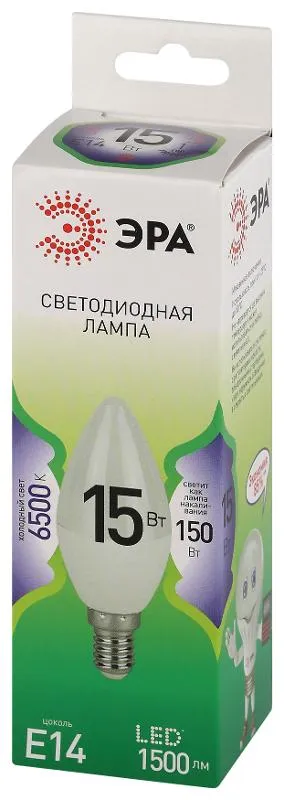 Лампа светодиодная GREEN LINE B35-15W-865-E14 GL E14 15Вт свеча свет холод. Эра Б0067091