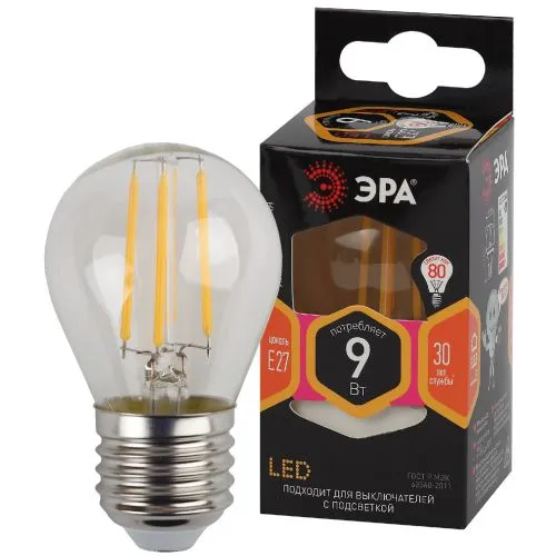 Лампа светодиодная F-LED P45-9w-827-E27 (филамент, шар, 9Вт, тепл, E27) | Б0047023 | ЭРА