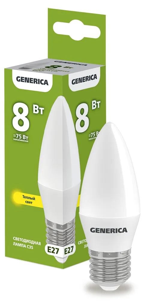 Лампа светодиодная C35 свеча 8Вт 230В 3000К E27  | LL-C35-08-230-30-E27-G | GENERICA