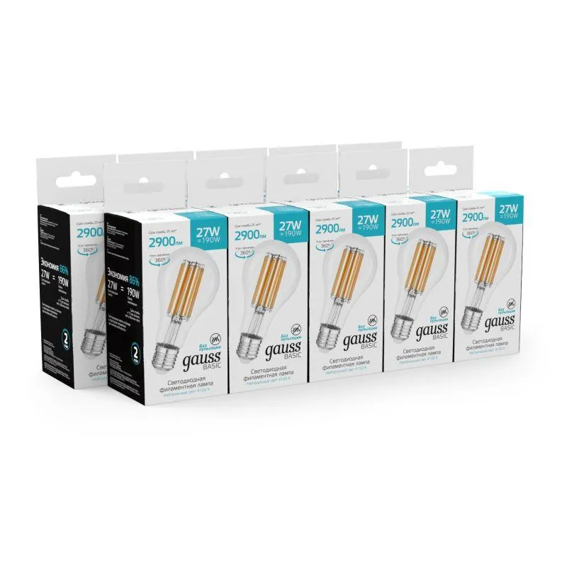 Лампа светодиодная филаментная Basic Filament А70 27Вт 4100К Е27 2900лм GAUSS 40712272