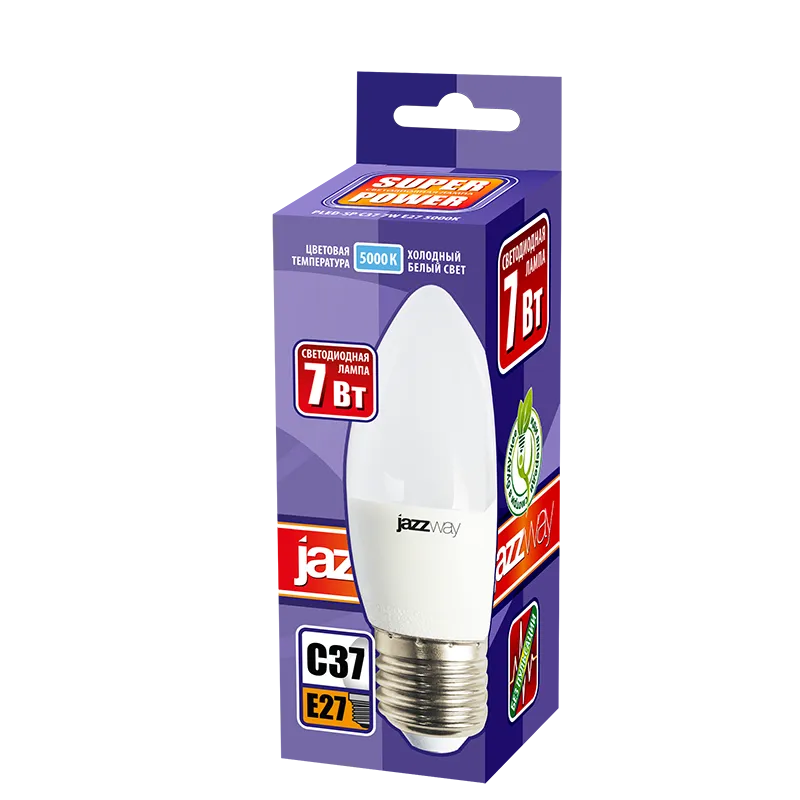 Лампа светодиодная LED 7Вт Е27 220В 5000К PLED- SP C37 свеча | 1027849-2 | Jazzway