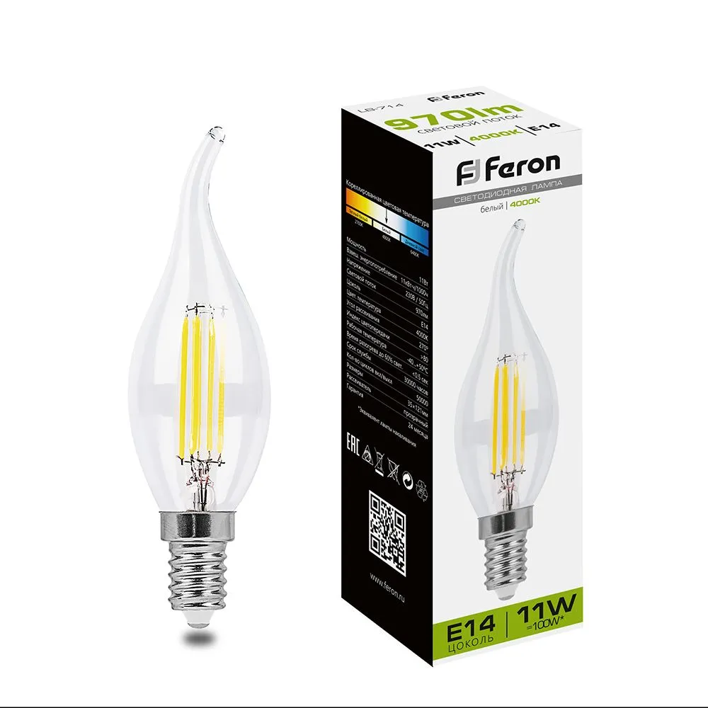 Лампа светодиодная LB-714 11Вт прозрачная 4000К E14 230В FERON 38012