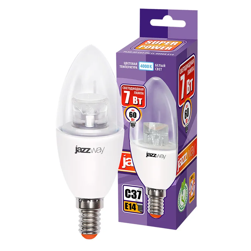 Лампа светодиодная PLED-SP 7Вт C37 свеча 4000К нейтр. бел. E14 540лм 230В clear CL JazzWay 2853127