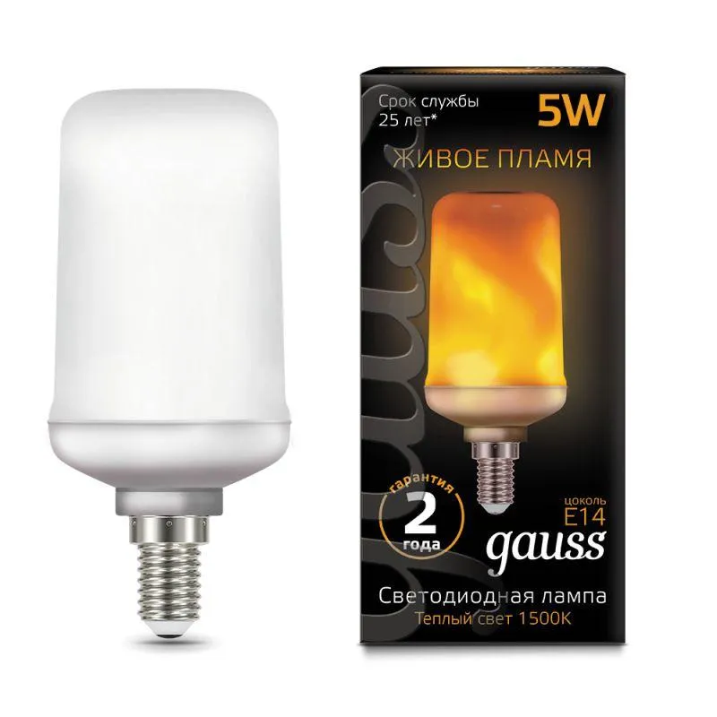 Лампа светодиодная Flame 5Вт T65 1500К тепл. бел. E14 80лм GAUSS 157401105