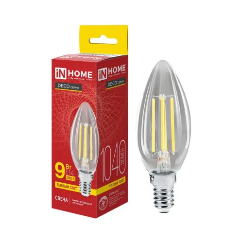 Лампа светодиодная LED-СВЕЧА-deco 9Вт свеча прозрачная 3000К тепл. бел. E14 1040лм 230В IN HOME 4690
