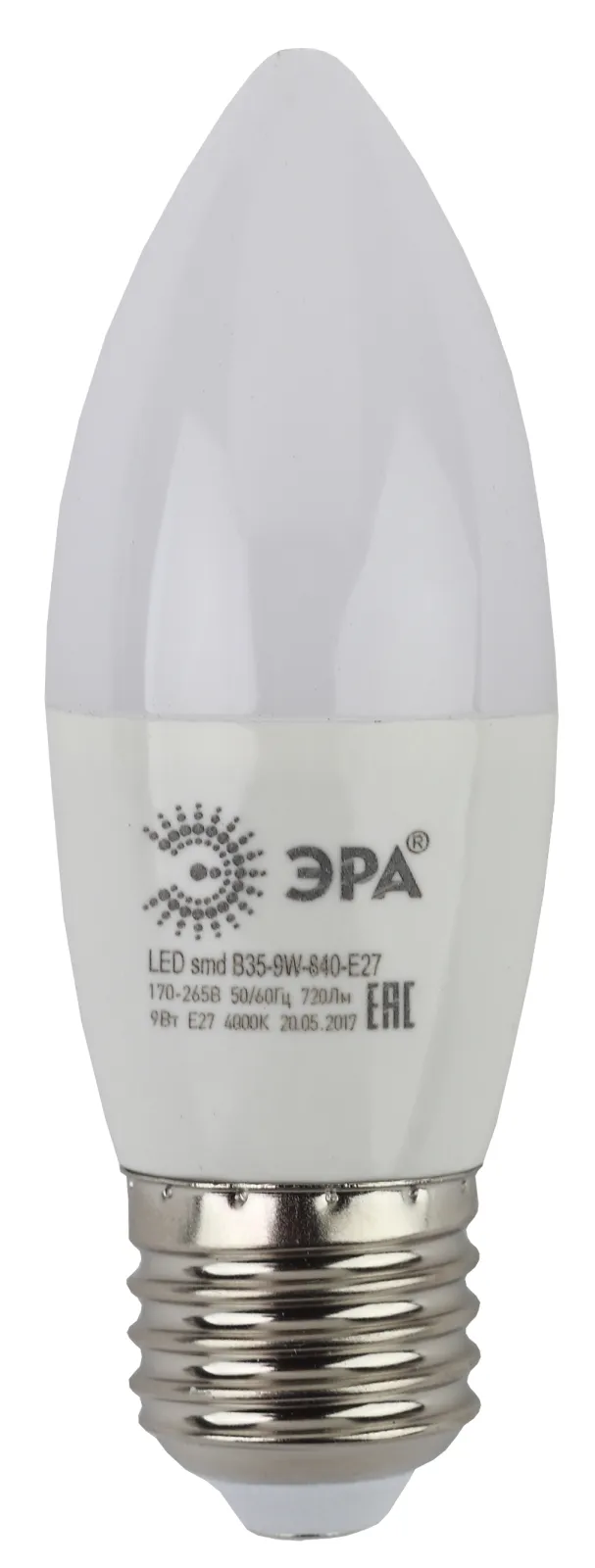 Лампа светодиодная LED 9Вт Е27 4000К smd B35-9w-840-E27 свеча | Б0027972 | ЭРА