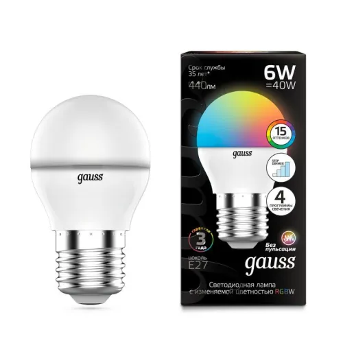 Лампа светодиодная Black 6Вт G45 шар RGBW E27 диммир. GAUSS 105102406