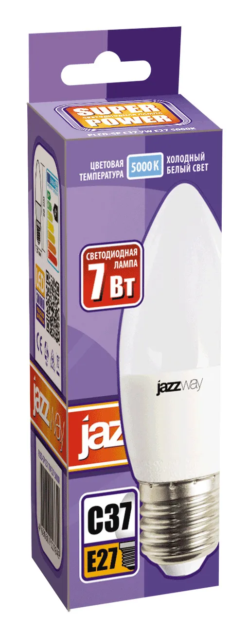 Лампа светодиодная LED 7Вт Е27 220В 5000К PLED- SP C37 свеча | 1027849-2 | Jazzway