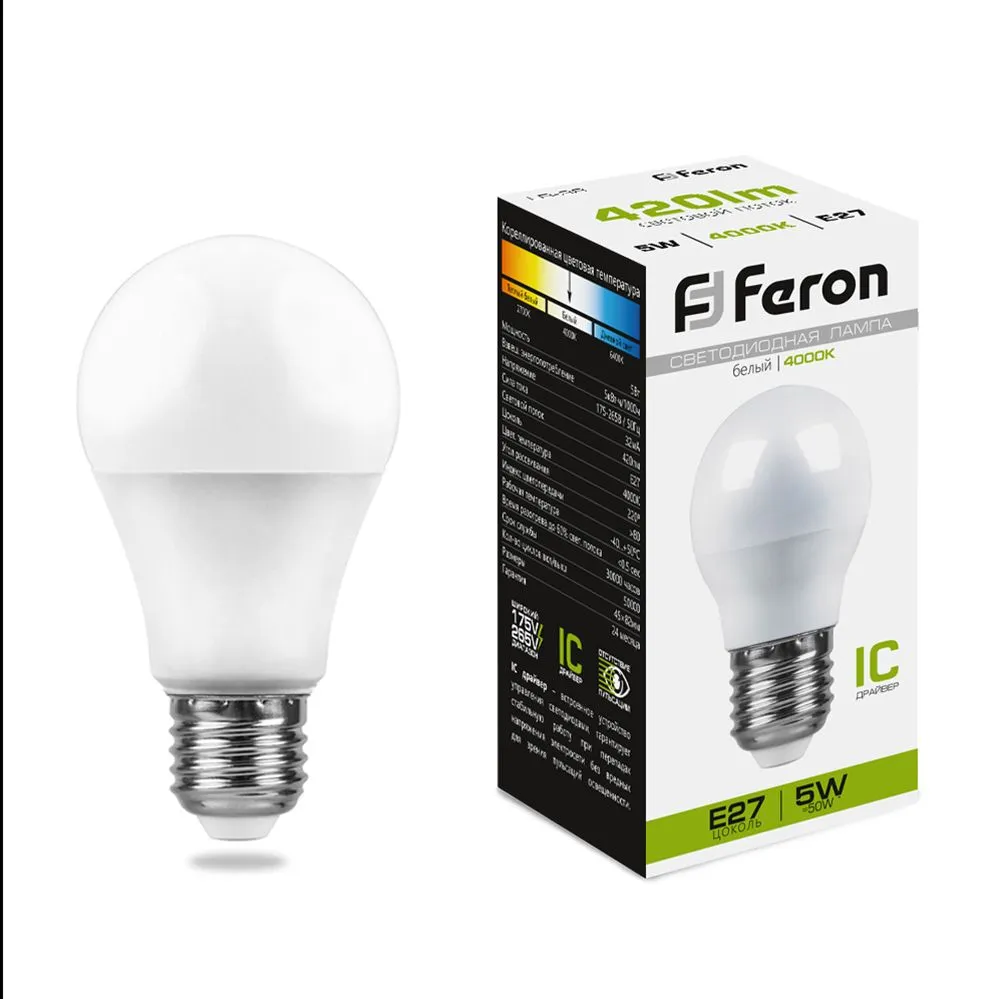 Лампа светодиодная LB-38 5Вт G45 шар 4000К E27 230В FERON 25405