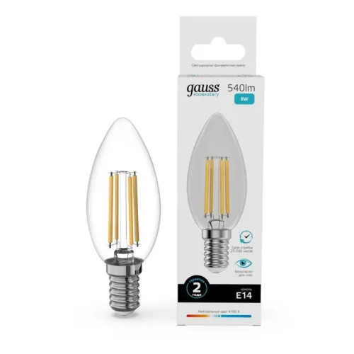 Лампа светодиодная филаментная Filament Elementary 8Вт свеча 4100К Е14 540лм GAUSS 32128