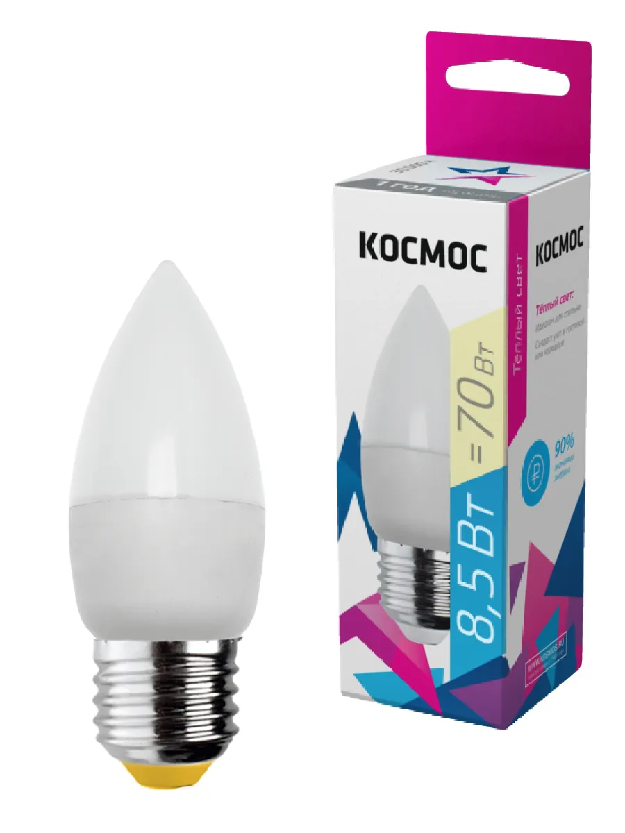 Лампа светодиодная 8.5Вт свеча 3000К тепл. бел. E27 220В КОСМОС LkecLED8.5wCNE2730
