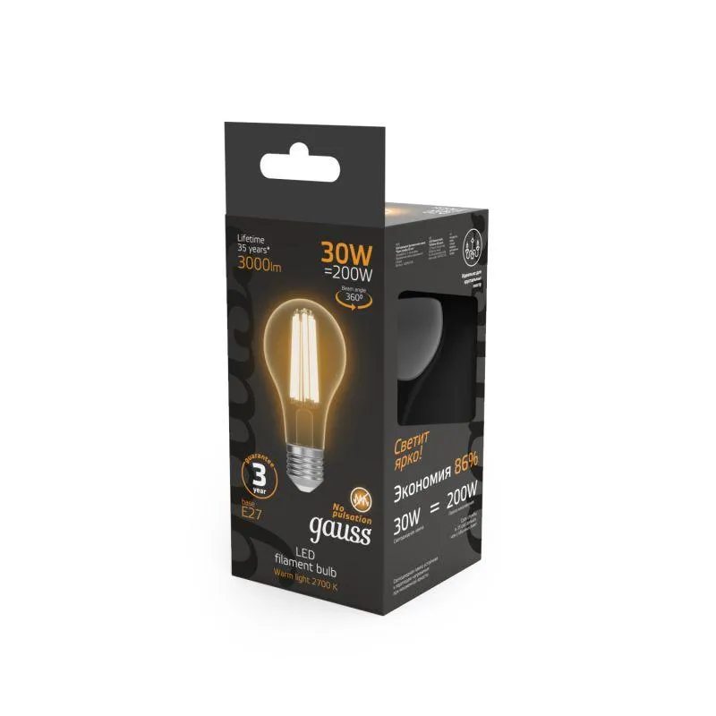 Лампа светодиодная филаментная Black Filament 30Вт A70 грушевидная 2700К тепл. бел. E27 3000лм GAUSS