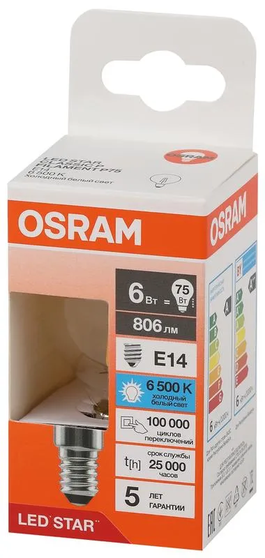 Лампа светодиодная, филаментная 6 Вт E14 6500 K 806 Lm 300 град. LED Star OSRAM 4058075688254