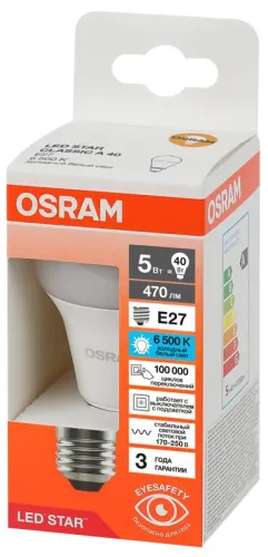 Лампа светодиодная 5 Вт E27 6500 K 250 Lm 180 град. LED Star OSRAM 4058075695627
