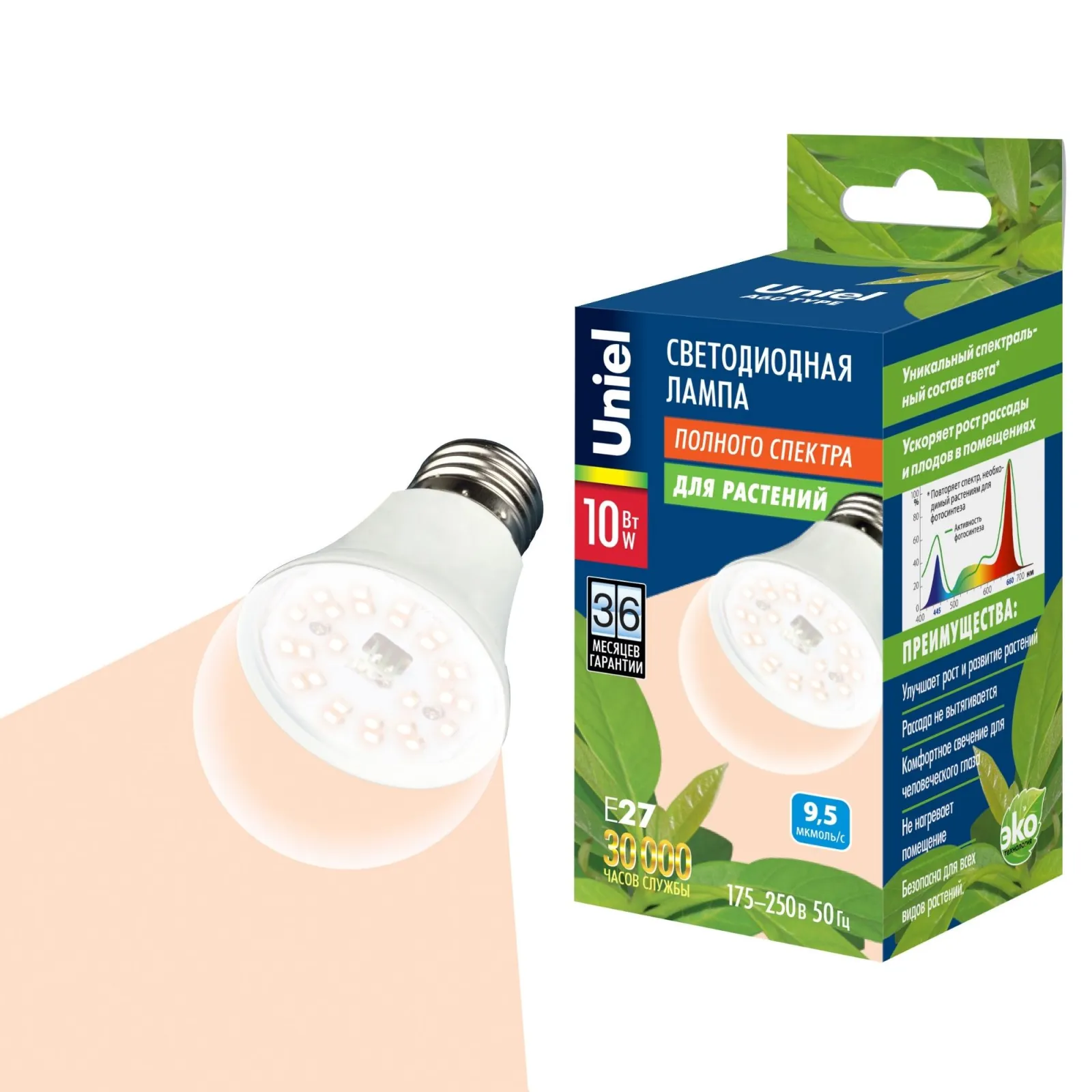 Лампа светодиодная LED-A60-10W/SPFR/E27/CL PLP01WH 10Вт A60 грушевидная прозрачная для растений (упа