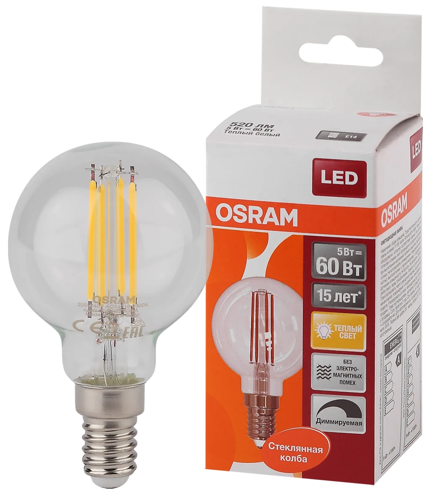 Лампа светодиодная филаментная LED STAR Classic P 5W, прозрачная колба, Е14 LSCLP60D 5W/827 230V FIL