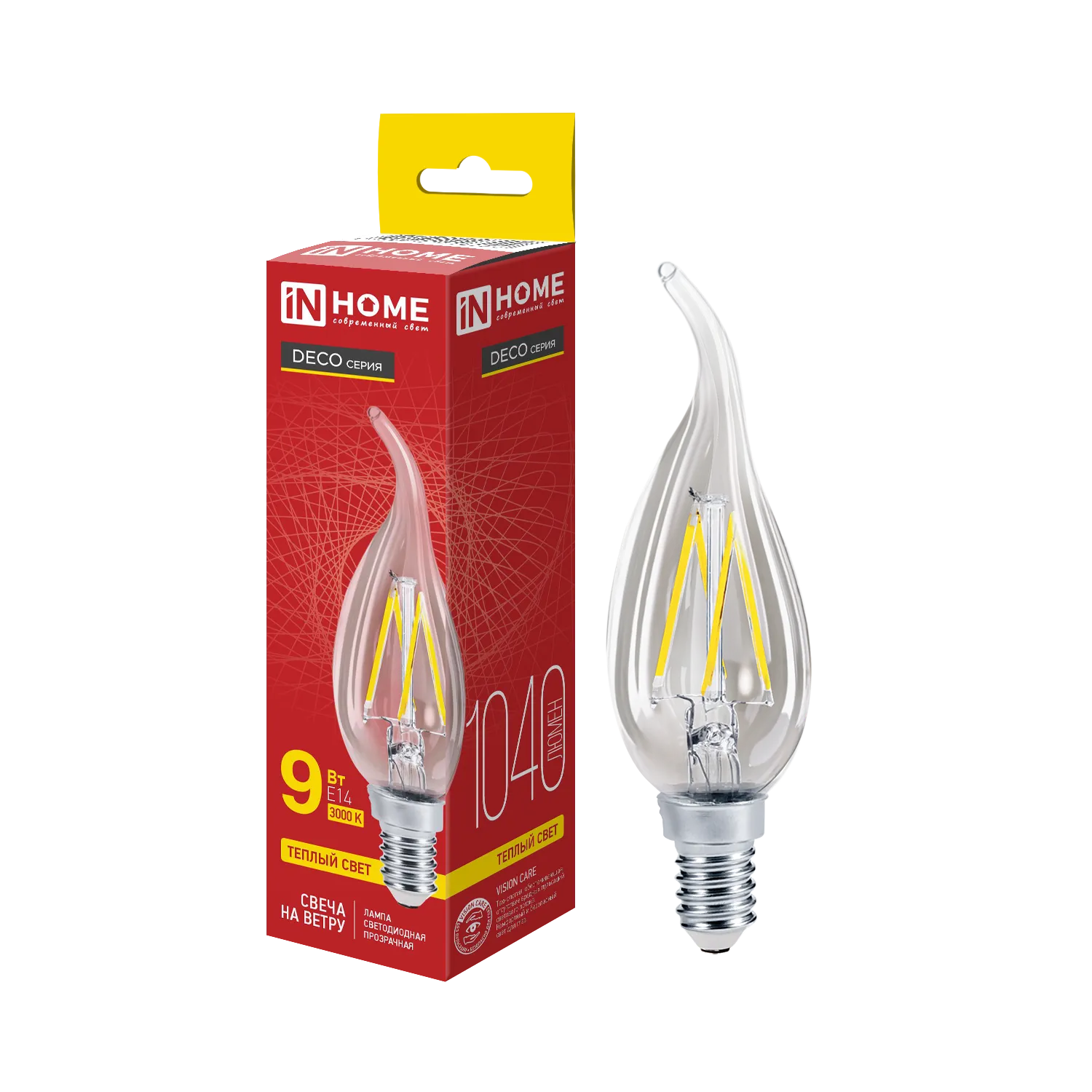 Лампа светодиодная LED-СВЕЧА НА ВЕТРУ-deco 9Вт свеча на ветру прозрачная 3000К тепл. бел. E14 1040лм