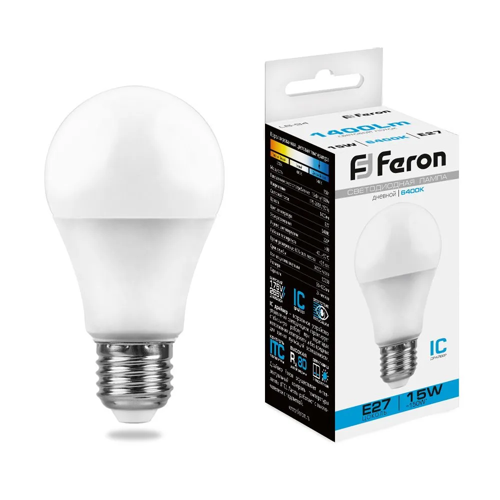 Лампа светодиодная LB-94 15Вт A60 грушевидная 6400К E27 230В FERON 25630