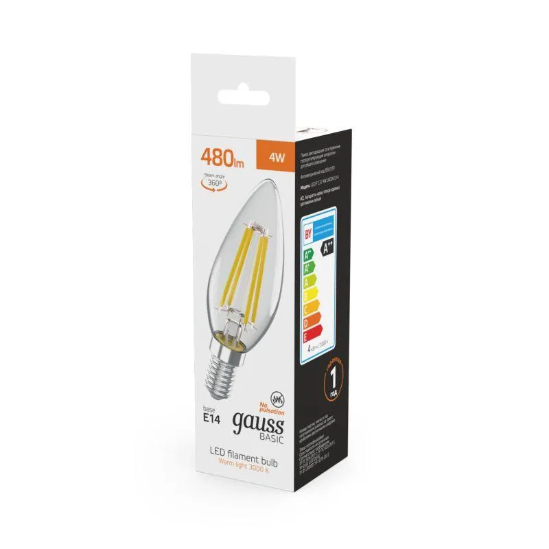 Лампа Gauss Basic Filament Свеча 4W 480lm 3000K E14 LED 1/10/50 50312142