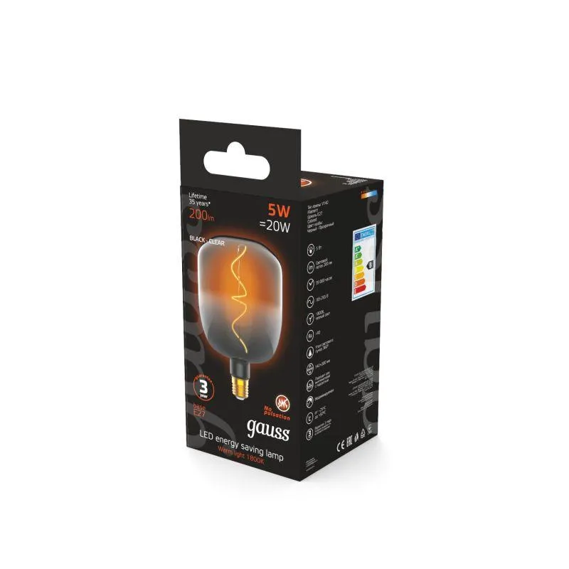 Лампа светодиодная филаментная Black Filament 5Вт V140 1800К тепл. бел. E27 200лм GAUSS 1008802105