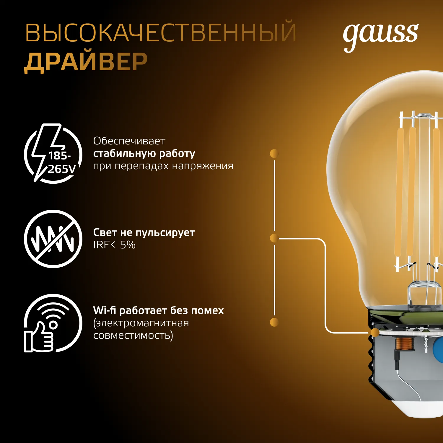 Лампа светодиодная филаментная Black Filament 10Вт A60 грушевидная 2700К тепл. бел. E27 930лм GAUSS 