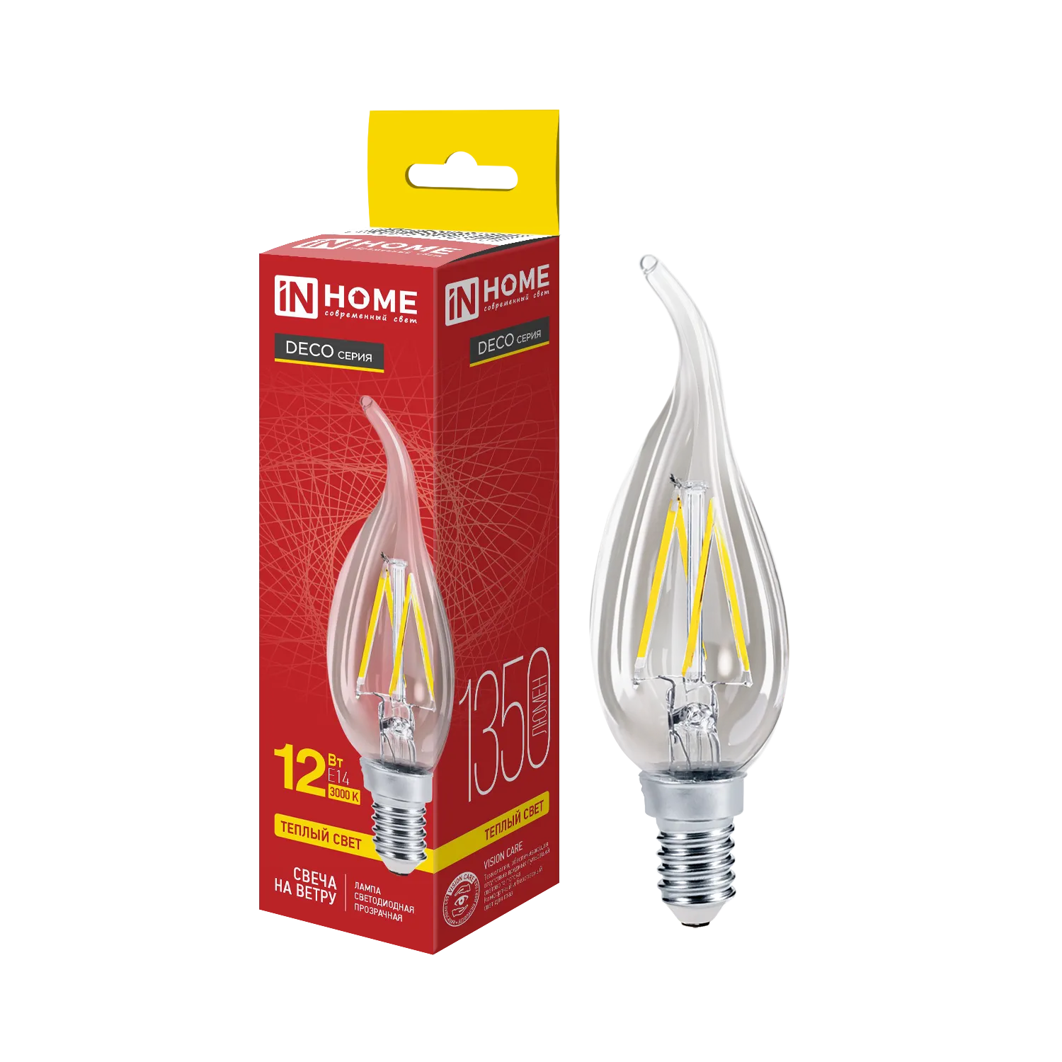 Лампа светодиодная филаментная LED-СВЕЧА НА ВЕТРУ-deco свеча на ветру прозрачная 12Вт 230В E14 3000К