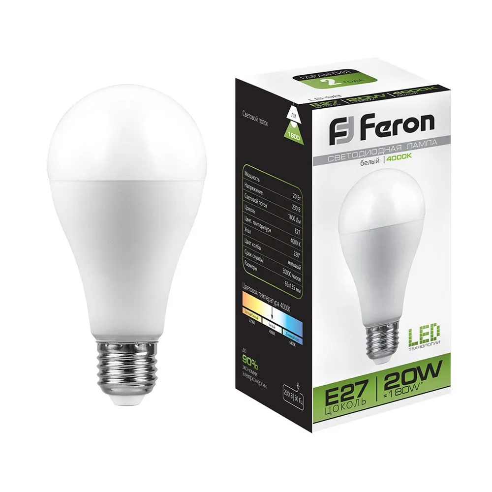 Лампа светодиодная LB-98 20Вт A65 грушевидная 4000К E27 230В FERON 25788