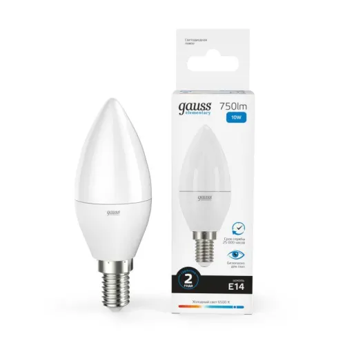 Лампа светодиодная Elementary 10Вт свеча 6500К холод. бел. E14 750лм GAUSS 33130